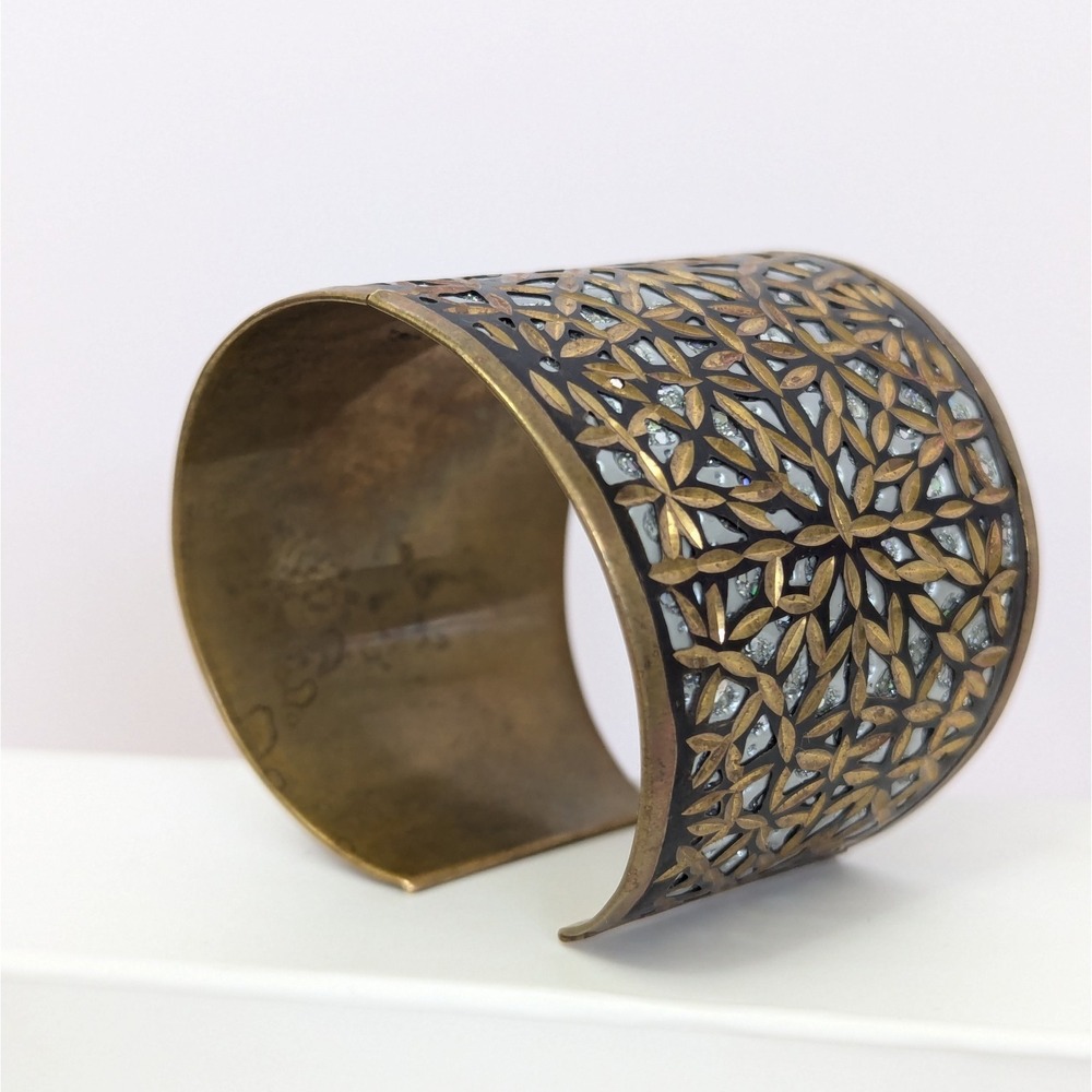 Brass Inlay Cuff Bracelet Metallic Silver Tone Etched Cutout Detail Boho India - Picture 6 of 13